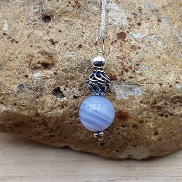 Small Blue lace agate pendant necklace. Pisces jewellery