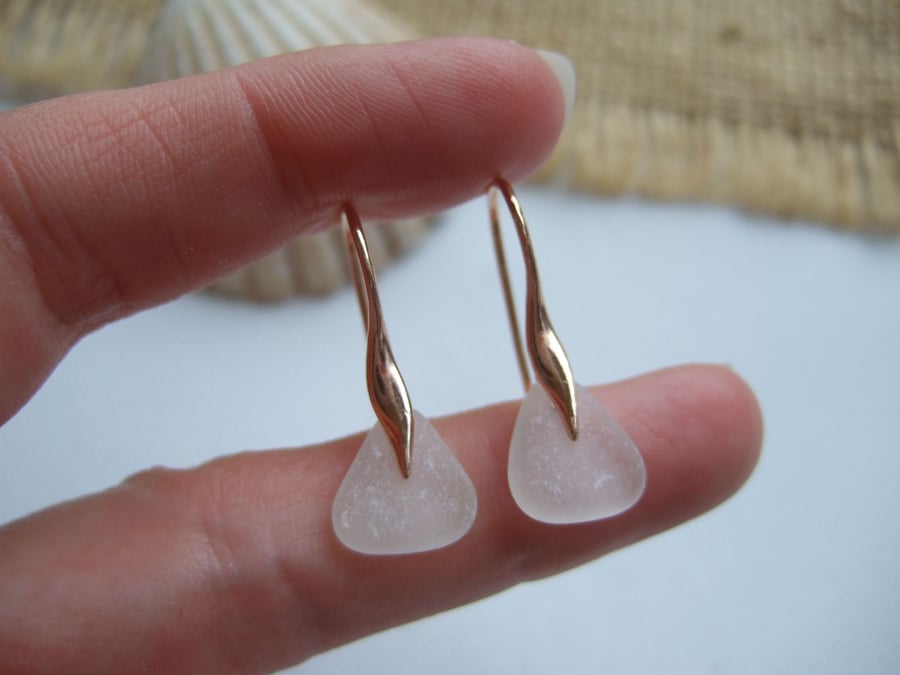 Rose gold white sea glass earrings, Scottish sea glass, wave shaped earrings