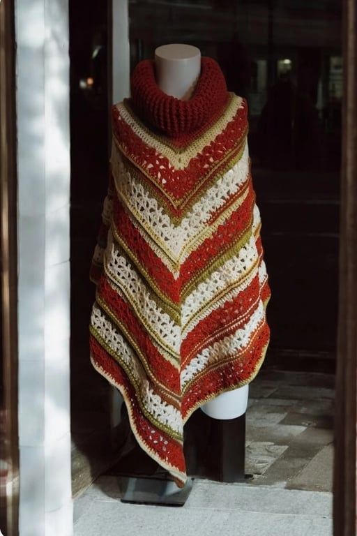 Handmade Crochet Turtleneck Poncho One-Size Boho Hippie Multicoloured Rust