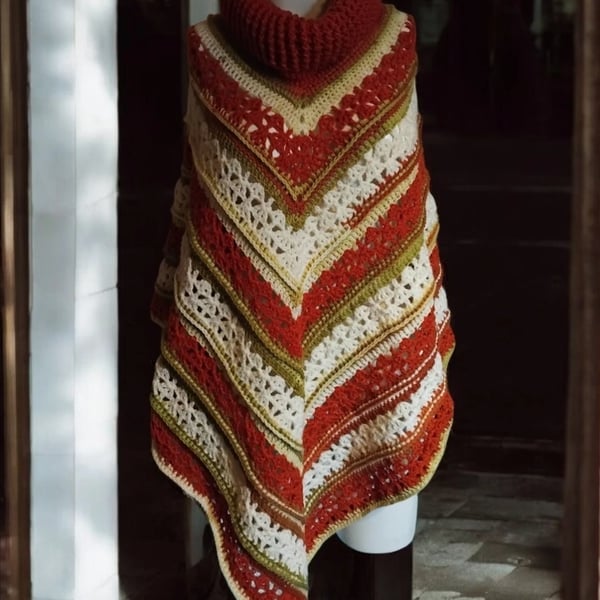 Handmade Crochet Turtleneck Poncho One-Size Boho Hippie Multicoloured Rust