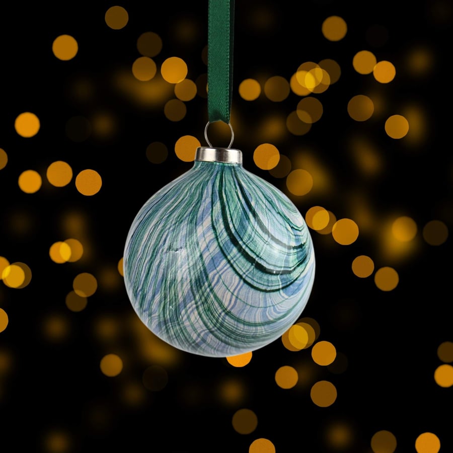 Blue and green striped marbled 5cm round ceramic Christmas bauble 