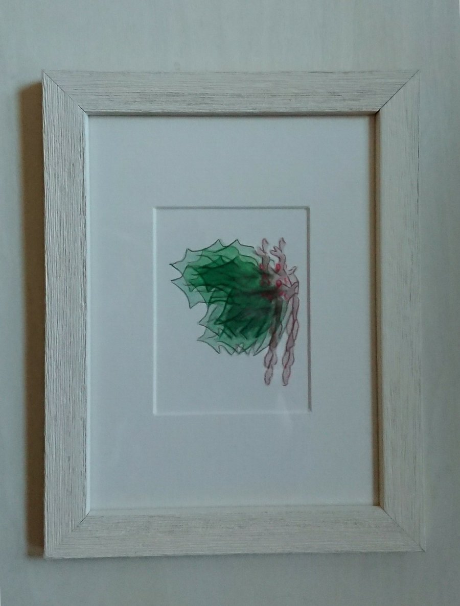 Fragmented Holly with Berries, hand coloured small framed print for Christmas 