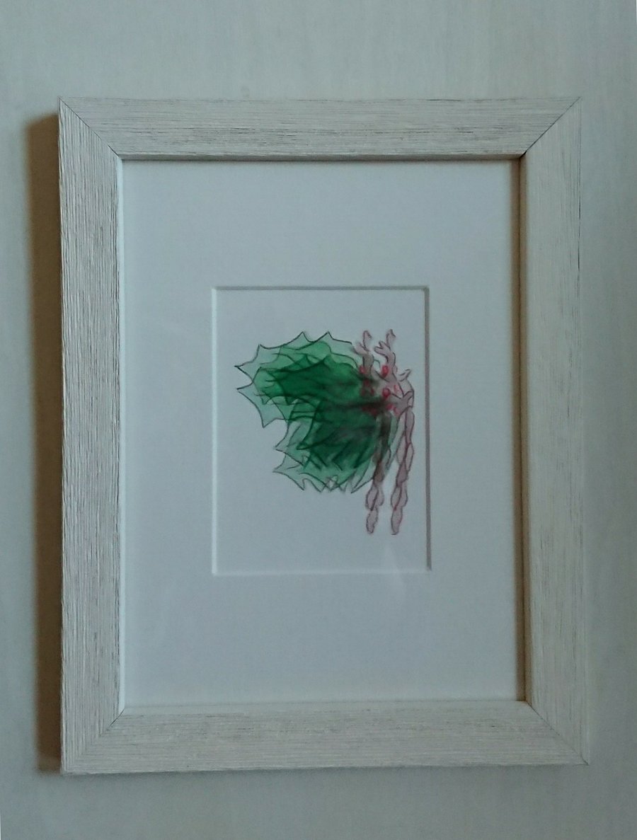 Fragmented Holly with Berries, hand coloured small framed print for Christmas 