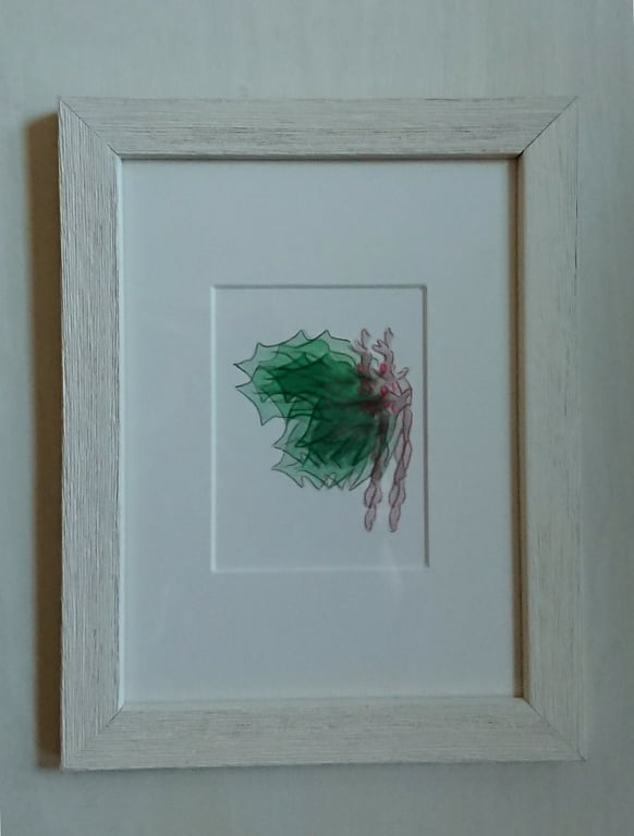 Fragmented Holly with Berries, hand coloured small framed print for Christmas 