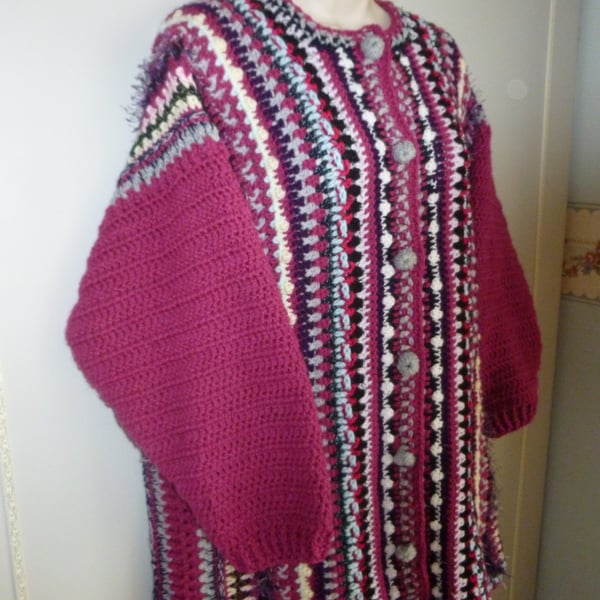LONG Length crochet ladies high neck  LARGE  jacket ( ref FA 483 X1 )