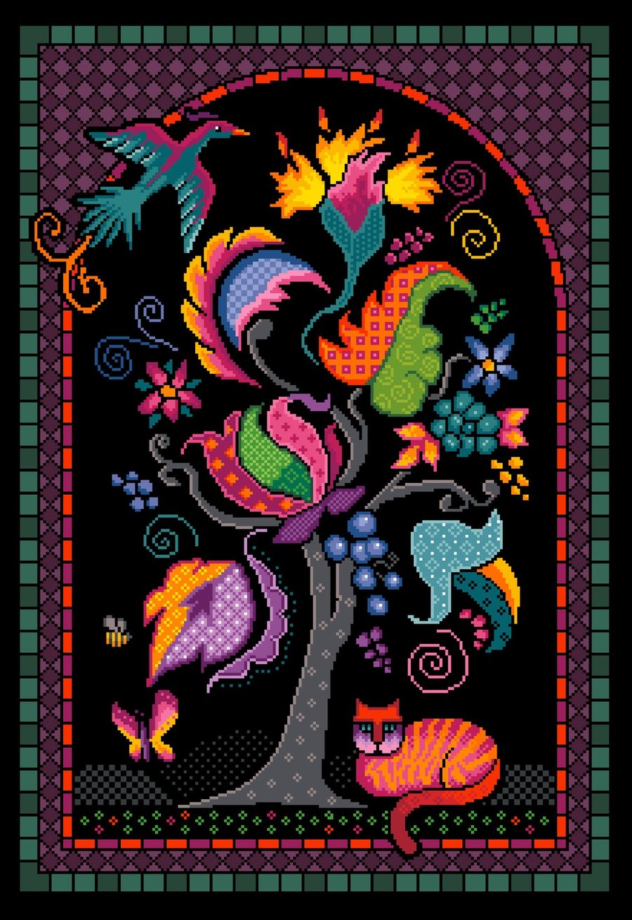 001 - Tree of Life Colourful Fantasy Cat, Bird & Flowers - Cross Stitch Pattern