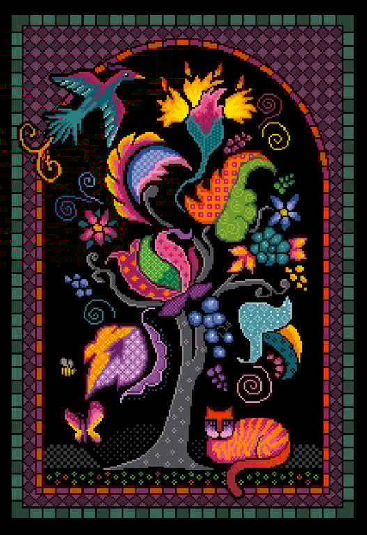 001 - Tree of Life Colourful Fantasy Cat, Bird & Flowers - Cross Stitch Pattern