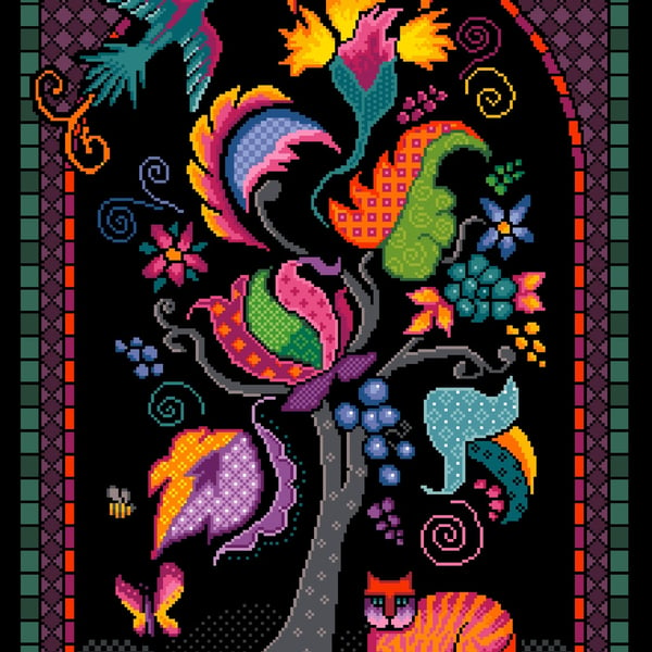 001 - Tree of Life Colourful Fantasy Cat, Bird & Flowers - Cross Stitch Pattern