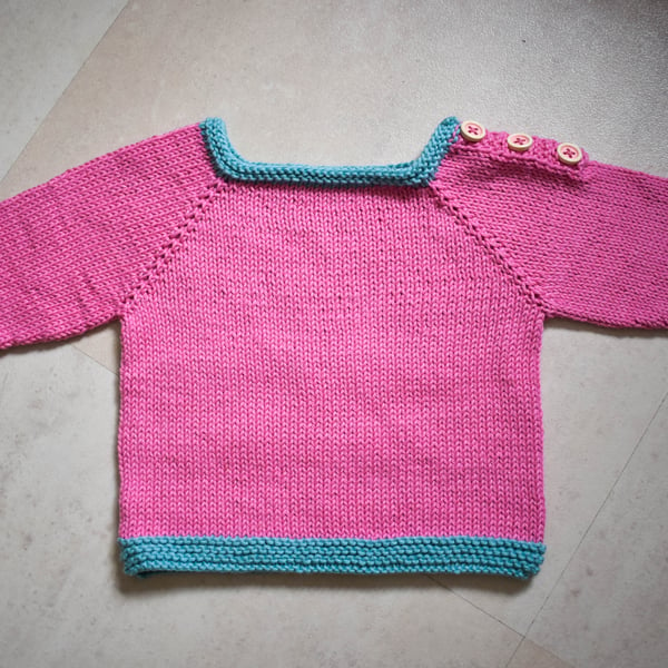 Hand Knitted Cotton blend jumper in pink and turquoise 6-12 months
