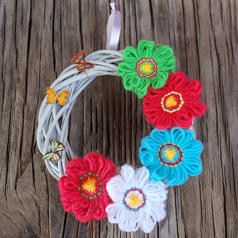 Spring Easter Wreath - (Wicker, Yarn Flowers, Butterfly Buttons, 20cm Free Post)
