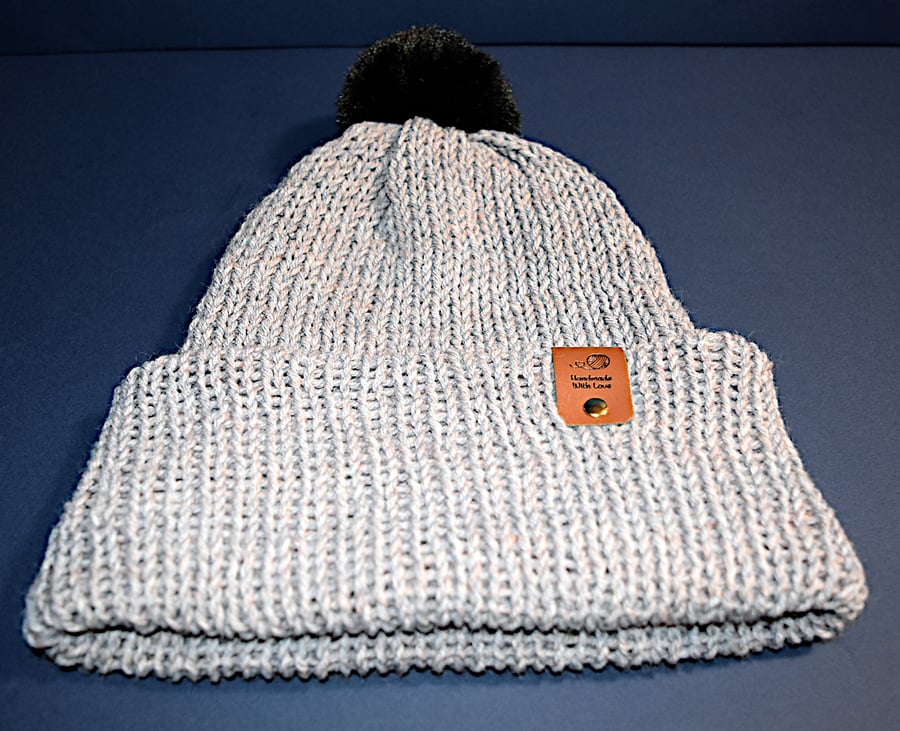 Handcrafted Hat with Faux Rabbit Fur Pompom Grey Coloured