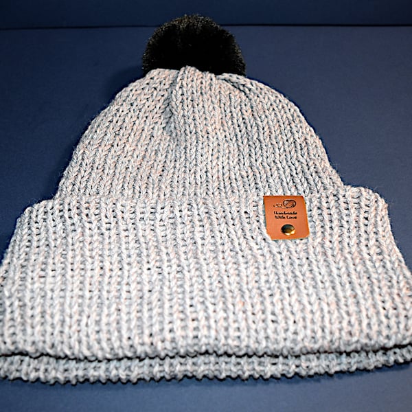 Handcrafted Hat with Faux Rabbit Fur Pompom Grey Coloured