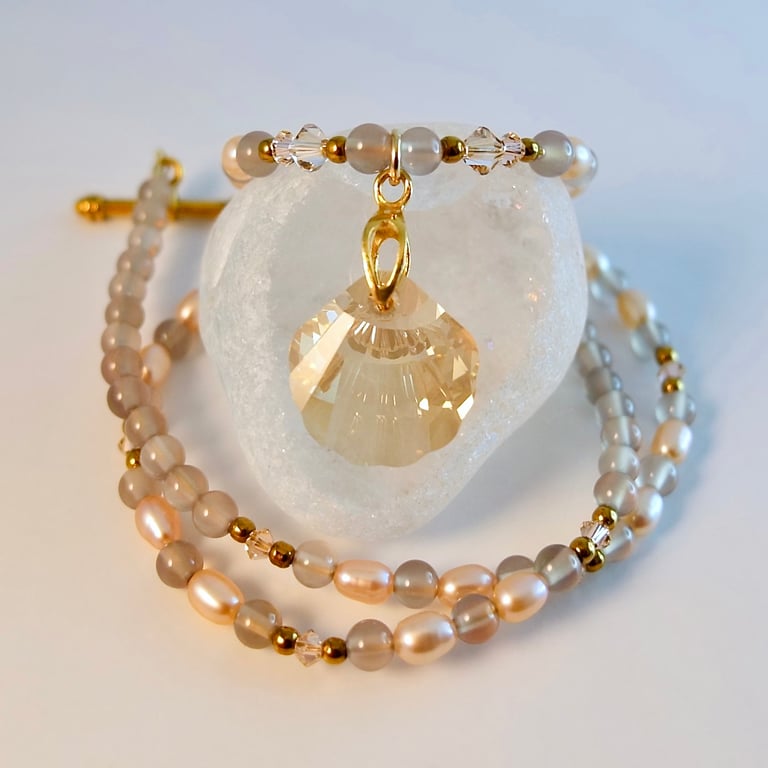 Pearl & Agate Necklace With Crystal Scallop Pendant, June Birthday, Gift For Her