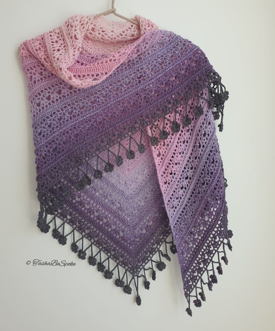 Crochet cotton shawl with fringe, Pink and purple shawl, Gift for her
