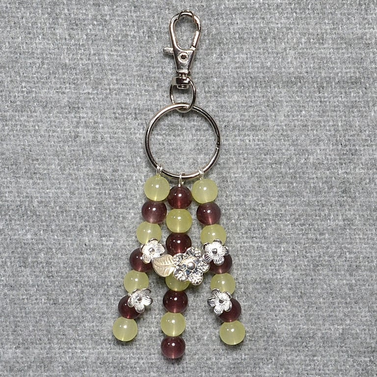 Bag Charm – Pale Green and Purple-Brown Glass Bead & Silver Flower Triple Dangle