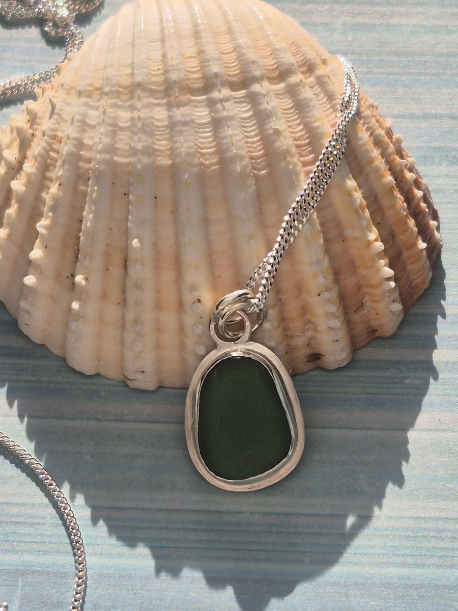 Sterling Silver 925 Green Seaham Seaglass Pendant  Necklace