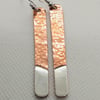 Slim Straight Textured Copper and Fine silver earrings