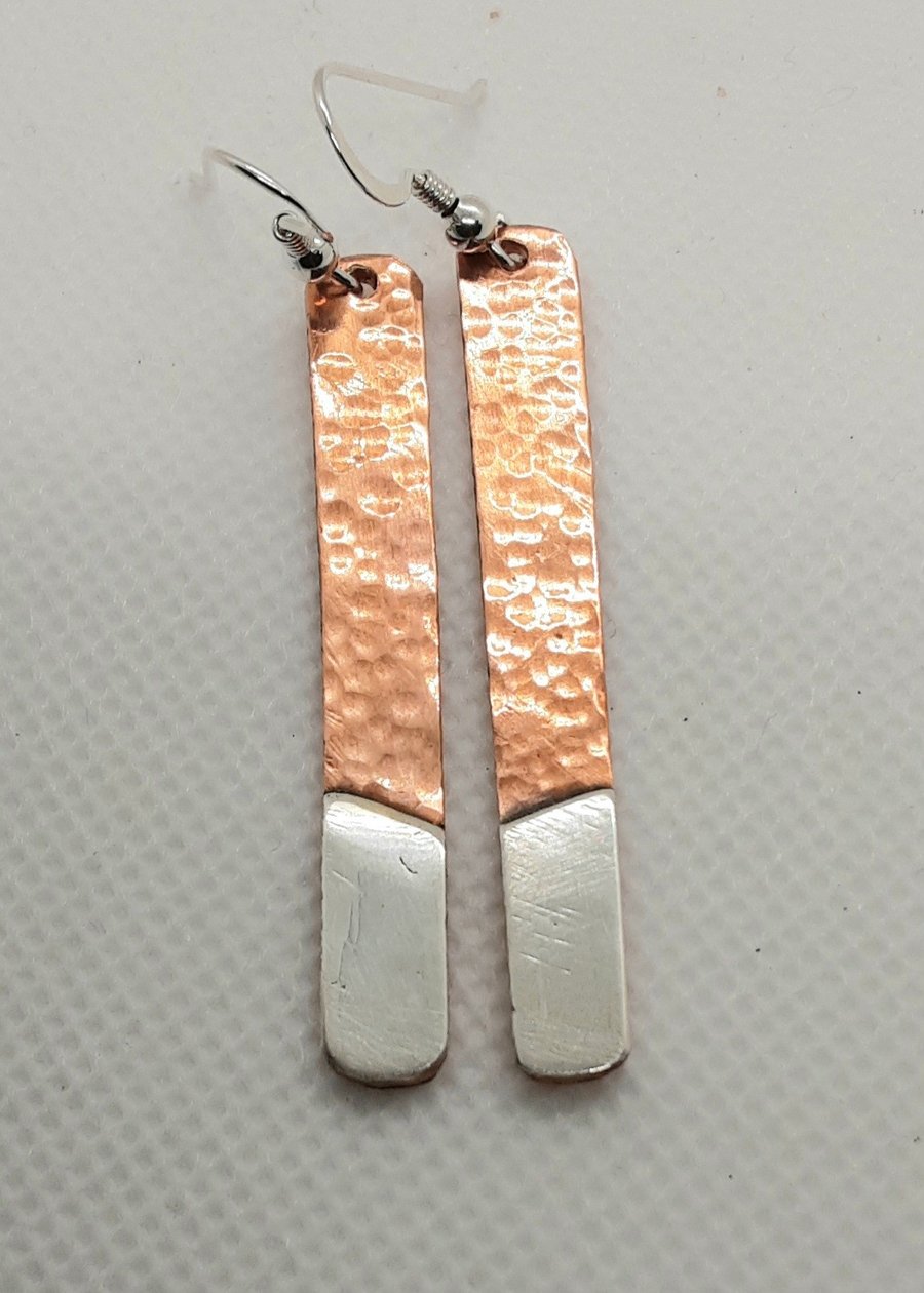 Slim Straight Textured Copper and Fine silver earrings