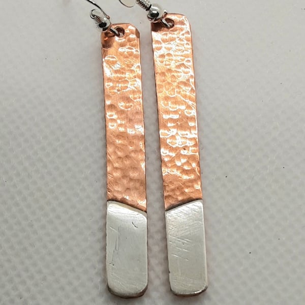 Slim Straight Textured Copper and Fine silver earrings