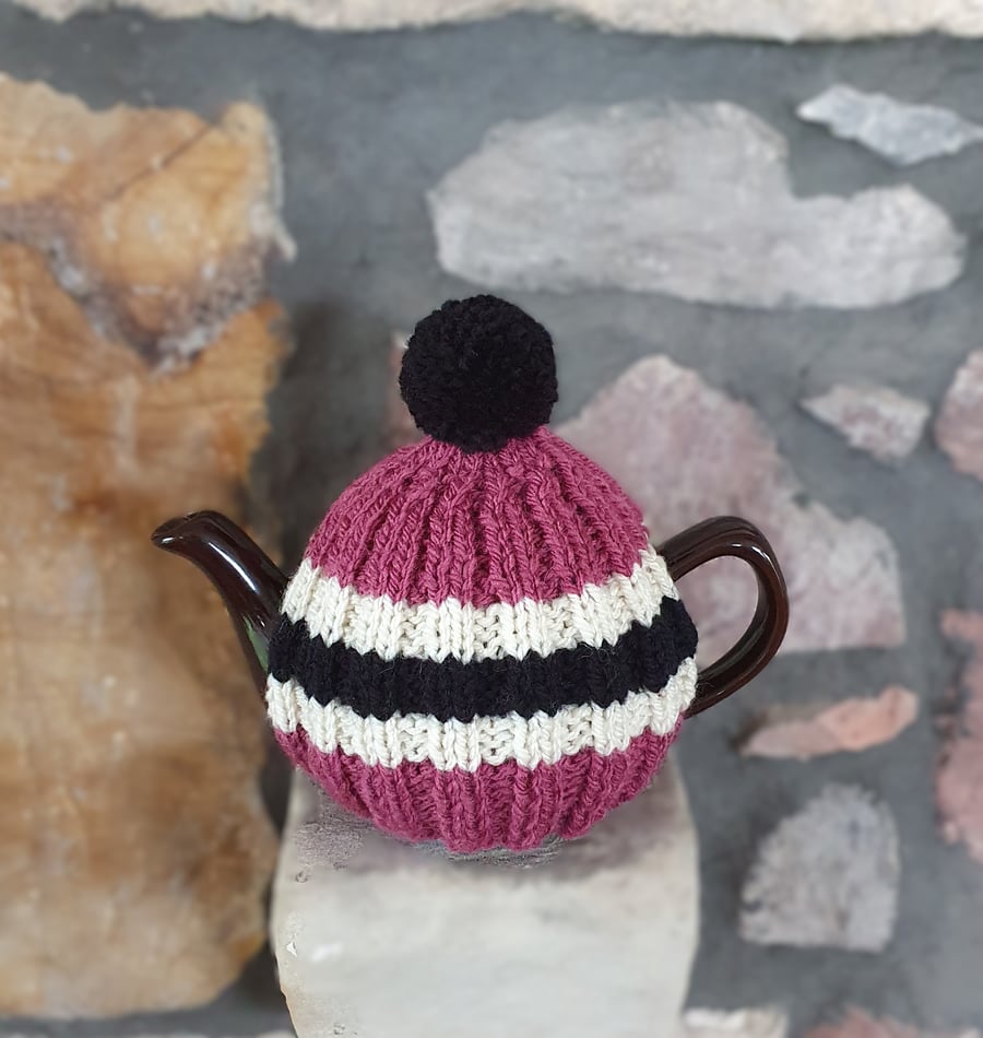 Small Tea Cosy for 2 Cup Tea Pot, Pink, Black, Cream Hand Knitted, Wool Mix