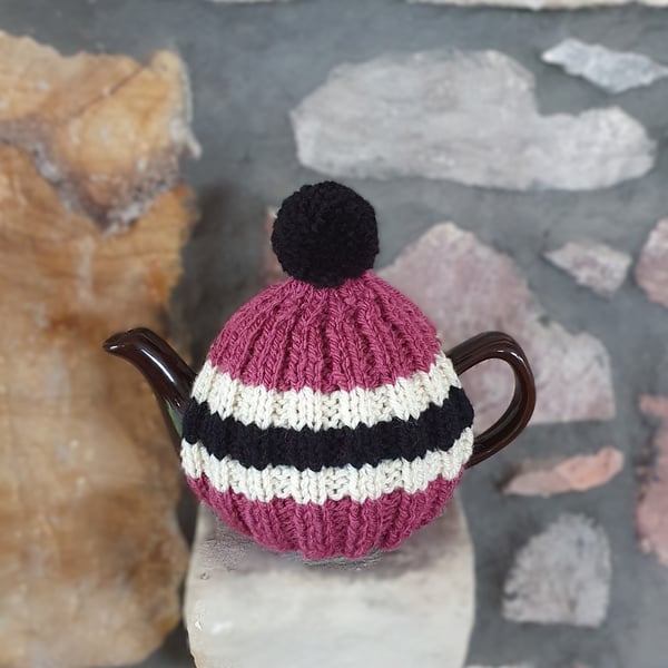 Small Tea Cosy for 2 Cup Tea Pot, Pink, Black, Cream Hand Knitted, Wool Mix