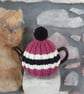 Small Tea Cosy for 2 Cup Tea Pot, Pink, Black, Cream Hand Knitted, Wool Mix - Image 1