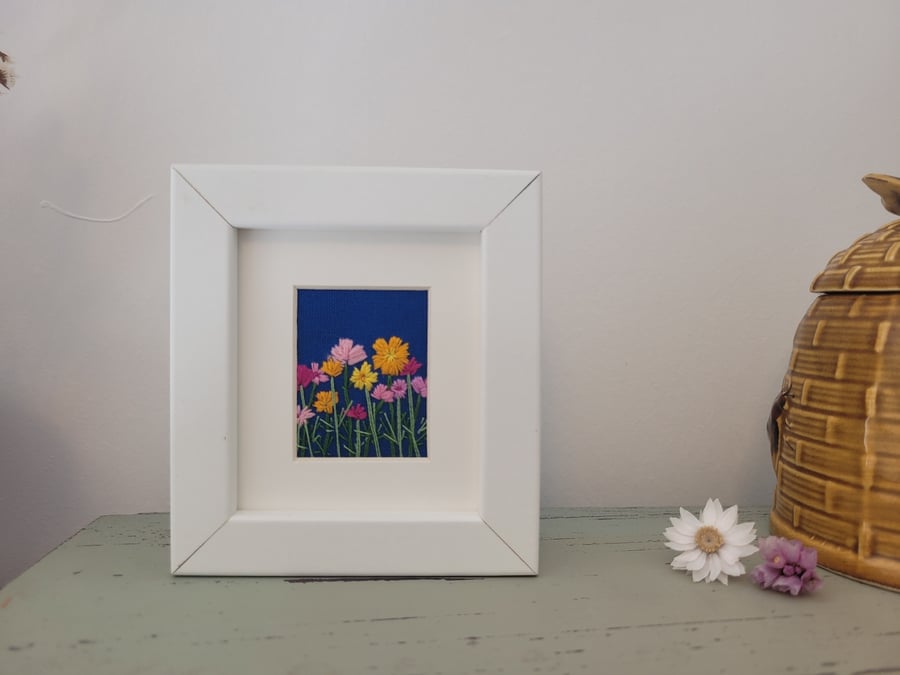 Hand embroidered - Bright Meadow on Blue Linen - Mini