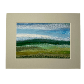 Textile picture, needle felted, wool and silk, fields of green 8"x6"mounted