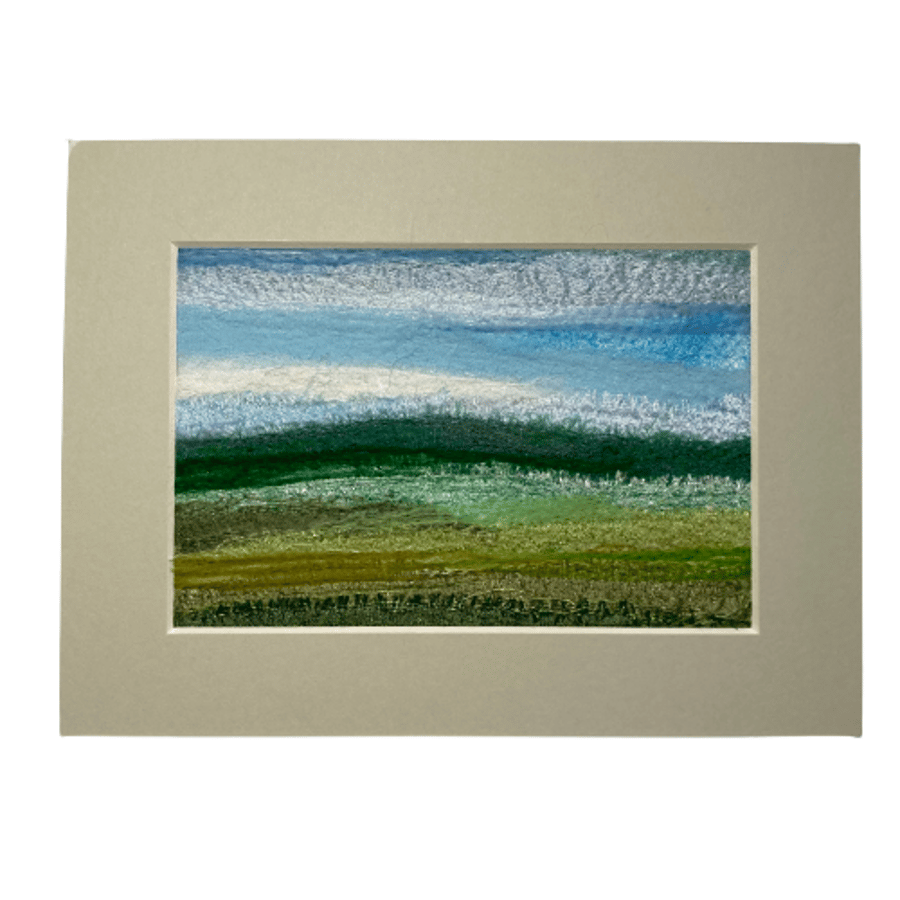 Textile picture, needle felted, wool and silk, fields of green 8"x6"mounted