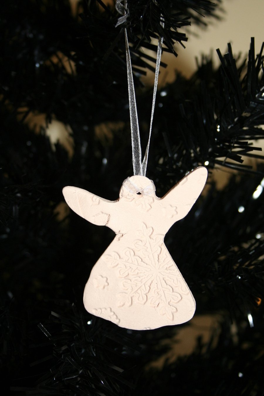 Handmade Ceramic angel embossed with snowflake design hanging decoration