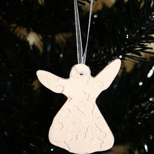 Handmade Ceramic angel embossed with snowflake design hanging decoration
