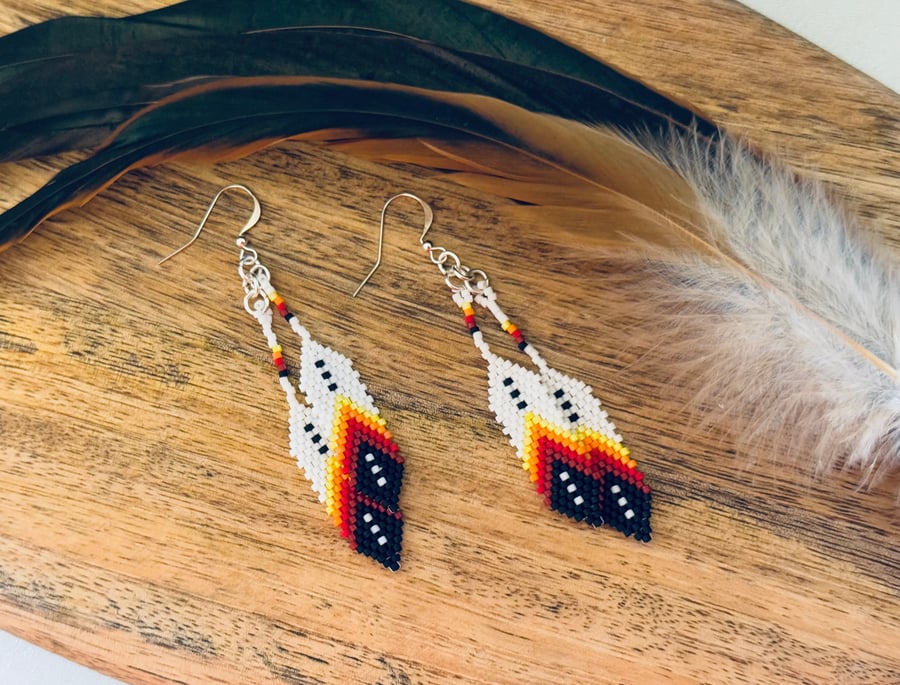 Native American inspired beadwork feather earrings