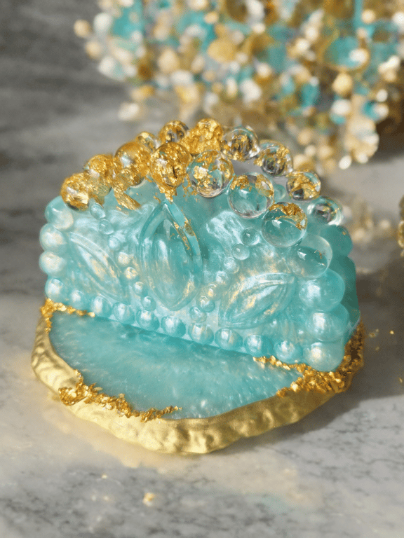 Turquoise & Gold Resin Napkin Holder, Luxury Table Decor with Gold Leaf