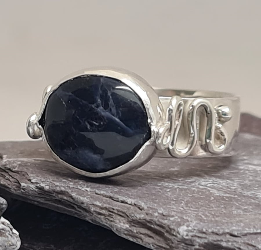 Handmade Silver Ring with Sodalite and Squiggles