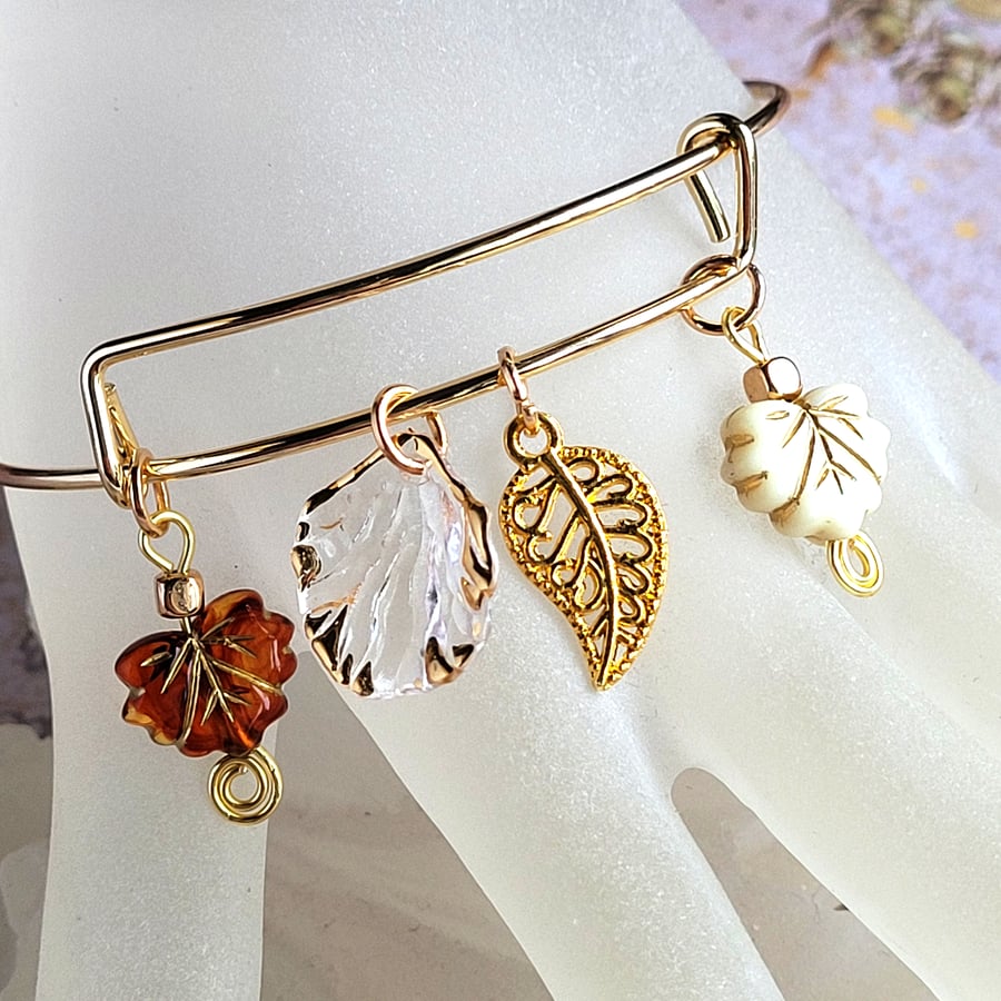 Autumn Leaves expandable bangle, KC Light Gold, Leaf Charms, Multi-fit bracelet