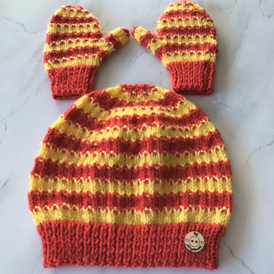 Autumnal beanie hat and mittens set age 1 to 2 and half years approx