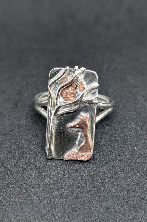 Sterling silver ring, Handmade ring with copper fox, Fox jewellery