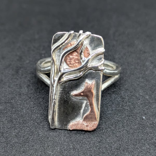 Sterling silver ring, Handmade ring with copper fox, Fox jewellery