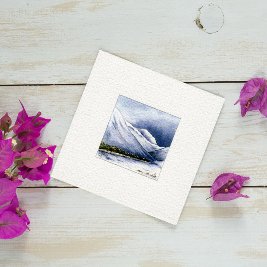 Original watercolour miniature painting of Scottish winter mountains in the snow