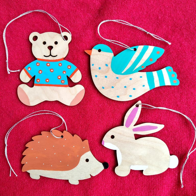 4 wooden hanging decorations teddy rabbit hedgehog and bird for childs room