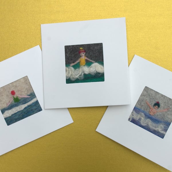 Hand-felted cards of swimmers - set