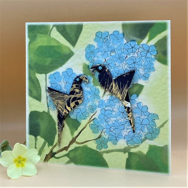 Birthday Card, Origami parrot birds & blue flowers, Colourful, OOAK, 