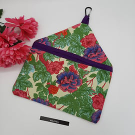 Peg bag, small, sale, purple and pink floral cotton fabric, clip on.