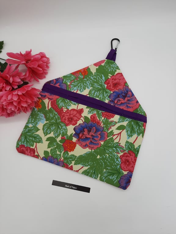 Peg bag, small, sale, purple and pink floral cotton fabric, clip on.