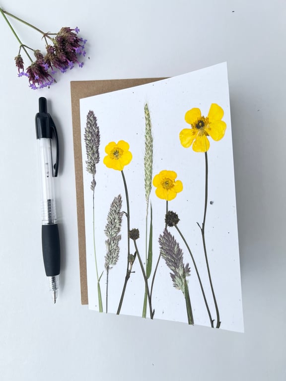 Handmade Real Pressed Flower Greeting Card, Buttercups and Grasses, Birthday 03