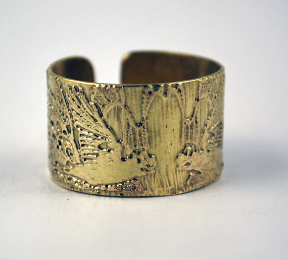 Etched Brass Rook crow Ring - Adjustable size