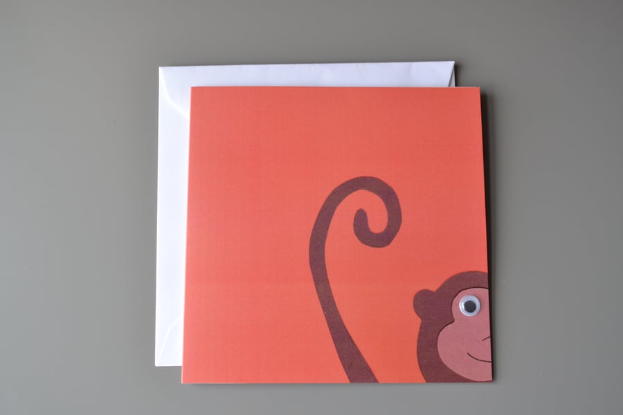 Googly Eyed Monkey on Orange Background Blank Card