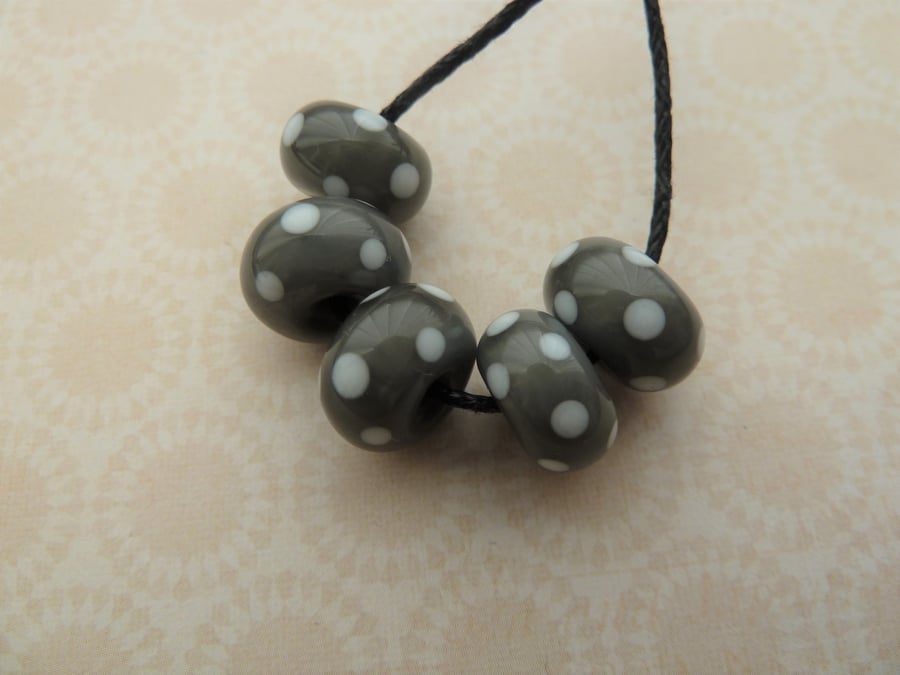 handmade lampwork grey and white spot glass beads
