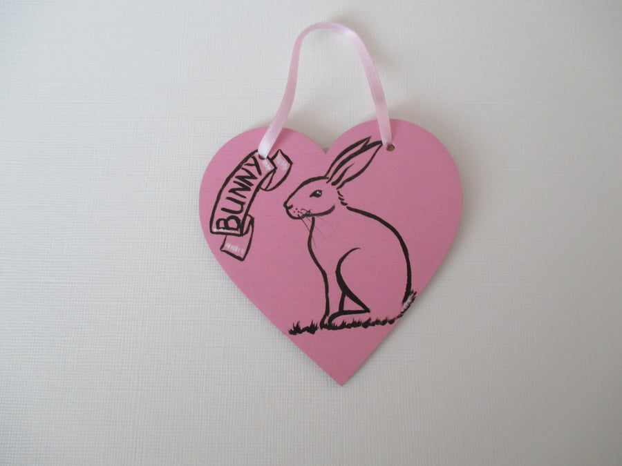 Small Wooden Heart Bunny Rabbit Line Drawing with Text Hanging Decoration Love