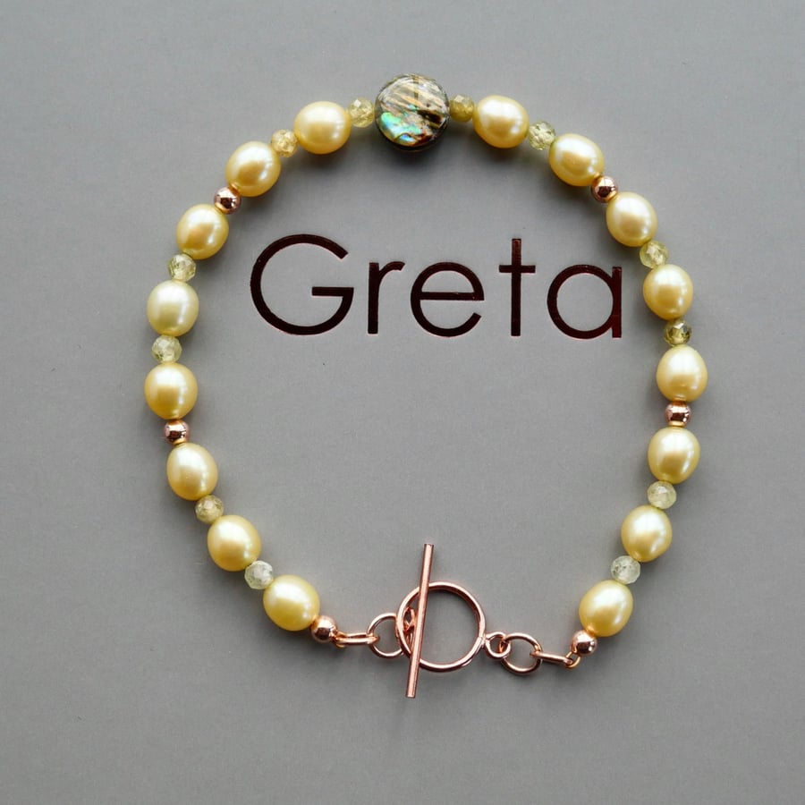 Green Pearl Bracelet with Faceted Tourmaline -  Rose Gold Filled Toggle Clasp